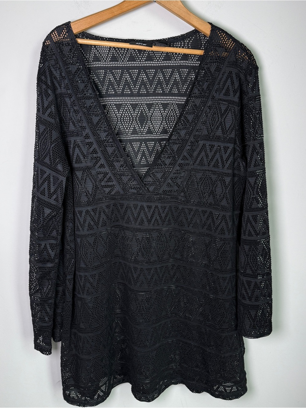 Apt. 9 Black Crochet Open Knit Swim Cover-Up V-Neck Long Sleeve Boho L